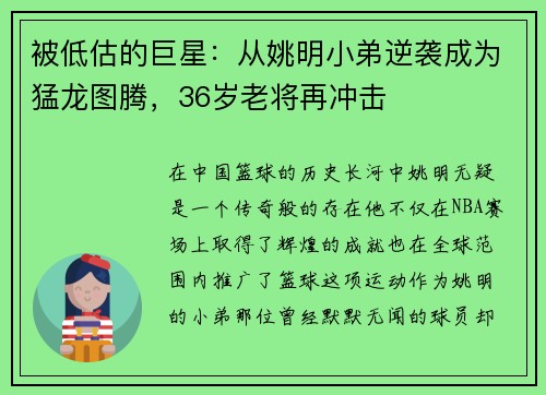 被低估的巨星：从姚明小弟逆袭成为猛龙图腾，36岁老将再冲击